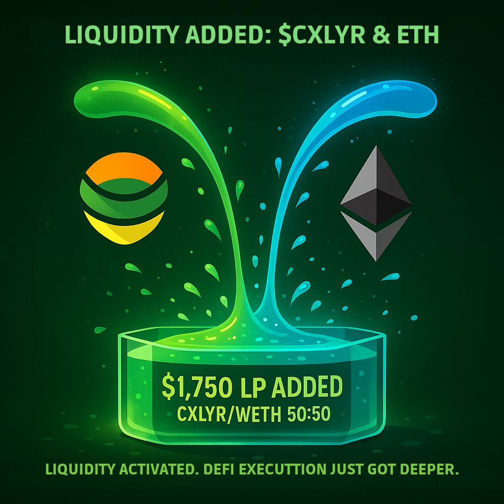 Contextlayereth's tweet photo. 💧 ContextLayer Liquidity Update

Liquidity has been added!

We’ve just added $1,750 in liquidity to kick things off: with a 50/50 split between $CXLYR and WETH.

https://t.co/uVUnoIa6O7

This helps:
1. Support smoother trading
2. Reduce price slippage
3. Strengthen the early market depth for $CXLYR

We’ll continue to scale liquidity as utility rolls out and volume increases.
This is just the beginning.

Thank you for backing the vision, let’s build it right, and let the agent execute it all.

#ContextLayer #CXLYR #DeFiLiquidity #OnchainAI #VoiceToChain