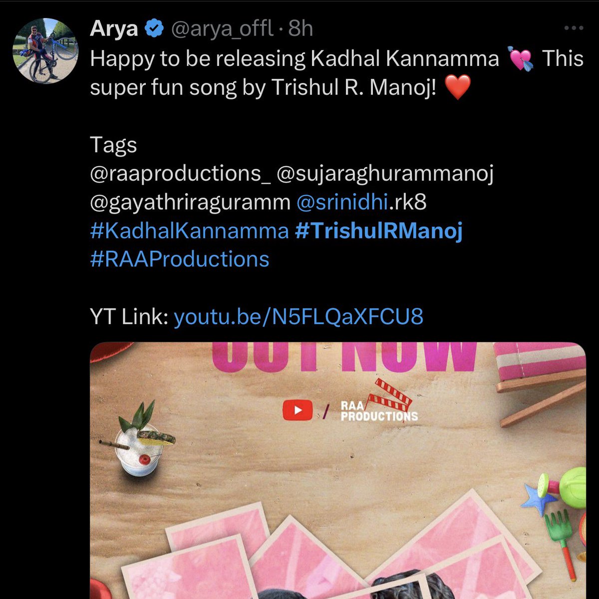 Trishul R. Manoj (@trishulrmanoj) on Twitter photo Forever Grateful!🤗 Thank you sincerely to @thevishnuvishal <a href="/gvprakash/">G.V.Prakash Kumar</a> <a href="/santa_santhanam/">Santa Fan ❤️</a> <a href="/aryaoffl/">Arya Fan Avi</a> <a href="/singerkrish/">K.S.Krishna</a> @shanthnu @rjvijayofficial @iamsandy_off <a href="/brinda_gopal/">BrindaGopal</a> @kalamaster_official @kikivijay11 for all of the support!
💘 KADHAL KANNAMMA🎡🎟️
Now Streaming‼️
RAA Productions Forever Grateful!🤗 Thank you sincerely to @thevishnuvishal <a href="/gvprakash/">G.V.Prakash Kumar</a> <a href="/santa_santhanam/">Santa Fan ❤️</a> <a href="/aryaoffl/">Arya Fan Avi</a> <a href="/singerkrish/">K.S.Krishna</a> @shanthnu @rjvijayofficial @iamsandy_off <a href="/brinda_gopal/">BrindaGopal</a> @kalamaster_official @kikivijay11 for all of the support!
💘 KADHAL KANNAMMA🎡🎟️
Now Streaming‼️
RAA Productions