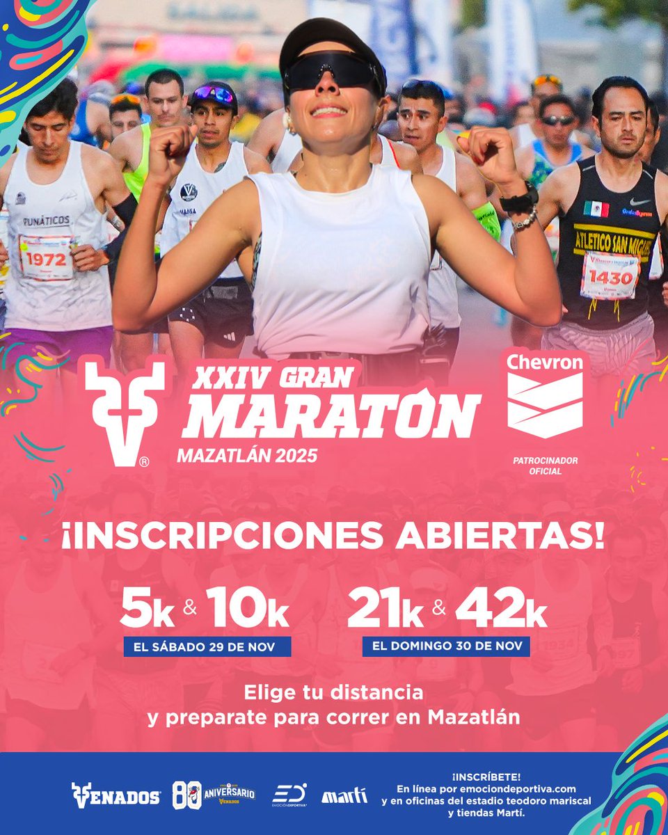 Emoción Deportiva (@emociond) on Twitter photo Prepárate para vivir la emoción del XXIV Gran Maratón Chevron Mazatlán 2025 🏃🌊
Del 28 al 30 de noviembre, celebramos 25 años de historia
✅ 5K, 10K, 21K y 42K | Inscríbete en buff.ly/5tVCuvp, en Tiendas Martí o en las Oficinas del Estadio Teodoro Mariscal. Prepárate para vivir la emoción del XXIV Gran Maratón Chevron Mazatlán 2025 🏃🌊
Del 28 al 30 de noviembre, celebramos 25 años de historia
✅ 5K, 10K, 21K y 42K | Inscríbete en buff.ly/5tVCuvp, en Tiendas Martí o en las Oficinas del Estadio Teodoro Mariscal.