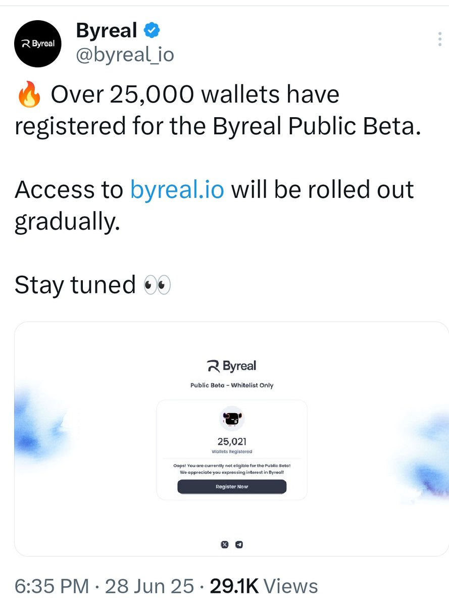 LFG <a href="/byreal_io/">Byreal</a> public beta is Live

I shared this with you first, that's why I tell you to follow me

🔹Join Waitlist :- byreal.io

🔹 Register your Sol Wallet 👀