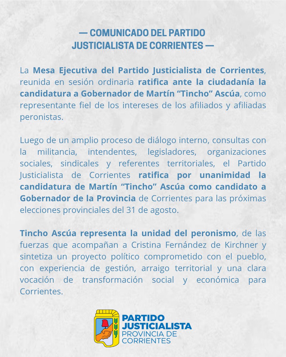 PJMonteCaseros's tweet photo. 💪 ¡El peronismo se planta en Corrientes!

Después de un gran proceso de diálogo y unidad, el PJ correntino ratificó que su rumbo será con Tincho Ascúa como candidato a gobernador.

📅 El 31 de agosto, construyamos el futuro que nos merecemos.
#TinchoGobernador #UnidadPeronista https://t.co/Fcm25xHpxb