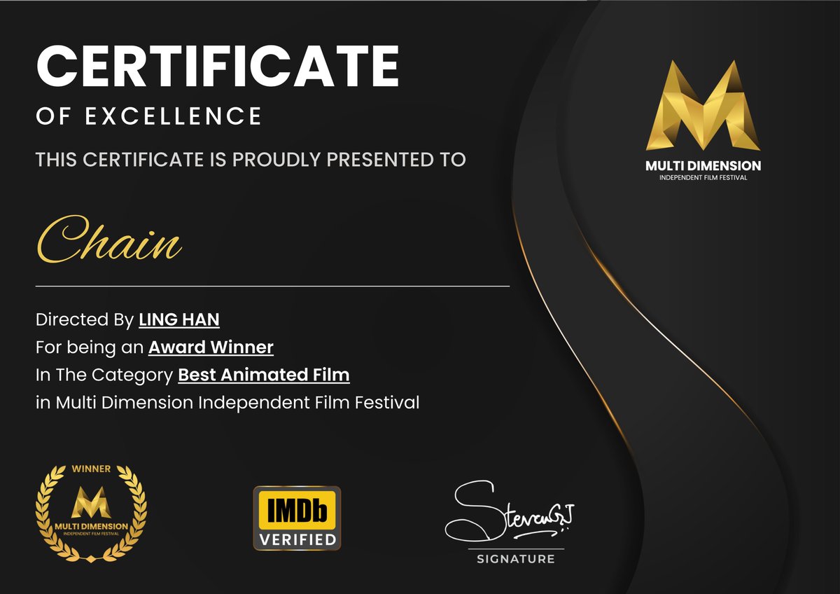Chain_Animation's tweet image. We’re overjoyed to announce our Winner certificates and laurel from the Multi Dimension Independent Film Festival! This achievement holds a special place in our hearts. Thank you for trusting in our storytelling! ~ \\ ( ^ O ^ ) // ~ 😍📷📷