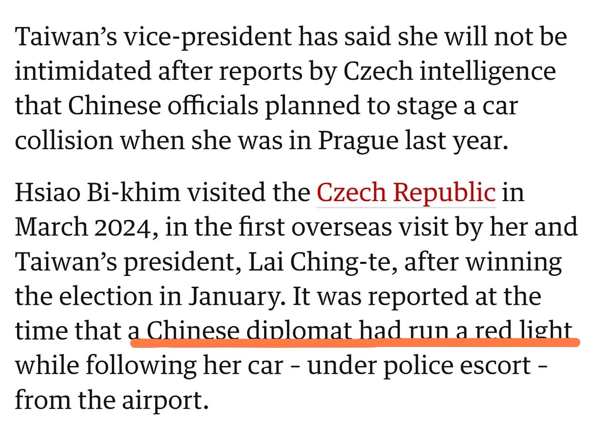 RnaudBertrand's tweet photo. You really couldn't make it up: with all that's going on in the world right now, the main title on the front page of The Guardian right now is that a Chinese diplomat ran a red light in Prague last year.

They describe it as a "China planned collision" but if you read the article that's literally all that happened: an unnamed Chinese diplomat ran a red light during the ROC's vice-president visit. That's it, nothing more happened. And if you read the original Czech media story about it (my 3rd screenshot: https://t.co/THI5JgeWcj), there wasn't even a risk of an accident with the vice-president's motorcade.

The fact that they choose to tell you that this non-event - just a traffic violation that occurred a year ago - is the single most important news today is all you need to know about the insane lengths Western media will go to maintain their China-threat narrative.

And the worst is that people are numb to it, they don't even realize just how bizarre this is. Imagine if it were a Western diplomat: how weird we'd find it if the front page of major international newspapers proclaimed "France planned collision? Diplomat ran red light last year" - we'd immediately recognize it as absolutely absurd. 

Especially in today's context when there are so many actually important stories happening, like the fact that Israel literally killed another 60 people in Gaza yesterday... But no, what really matters is year-old traffic violations by Chinese diplomats 🤦‍♂️