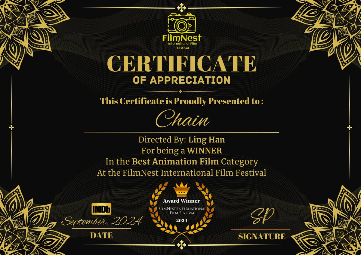 Chain_Animation's tweet image. We’re delighted to share that we’ve received our Winner certificates from the FilmNest International Film Festival! We are sincerely thankful for your appreciation and belief in our project. ~ \\ ( ^ O ^ ) // ~ 😍🥰😘🤩🥳👍
#FNIFF