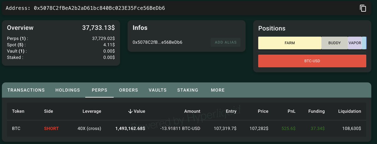 lookonchain's tweet photo. James Wynn(@JamesWynnReal) is back and opened a 40x leveraged $BTC short position.

Current position: 13.9 $BTC($1.49M)
Liquidation price: $108,630

https://t.co/FX6sISWuDP https://t.co/xctASIlslf