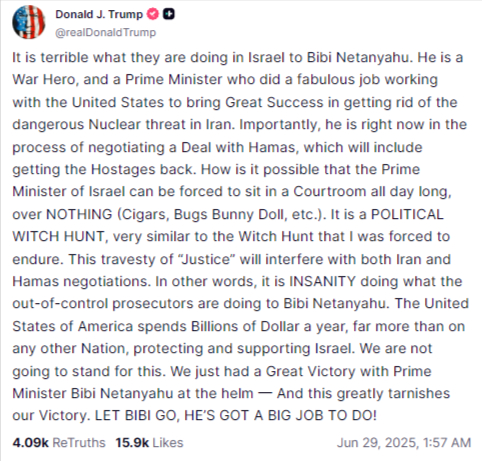 טראמפ ממשיך לאיים על מערכת המשפט בישראל.

ברור לחלוטין שזו לא יוזמה שלו. נתניהו יודע שאם יש עסקה, ממשלת הכהניסטים שלו מתפרקת ואז הוא צריך להתמודד עם בחירות והחקירה הנגדית במשפט שלו. הוא לא מסוגל. הוא לא יחתום על עסקה. ולכן, החטופים (ומדינת ישראל כולה) הפכו לבני ערובה של נתניהו.