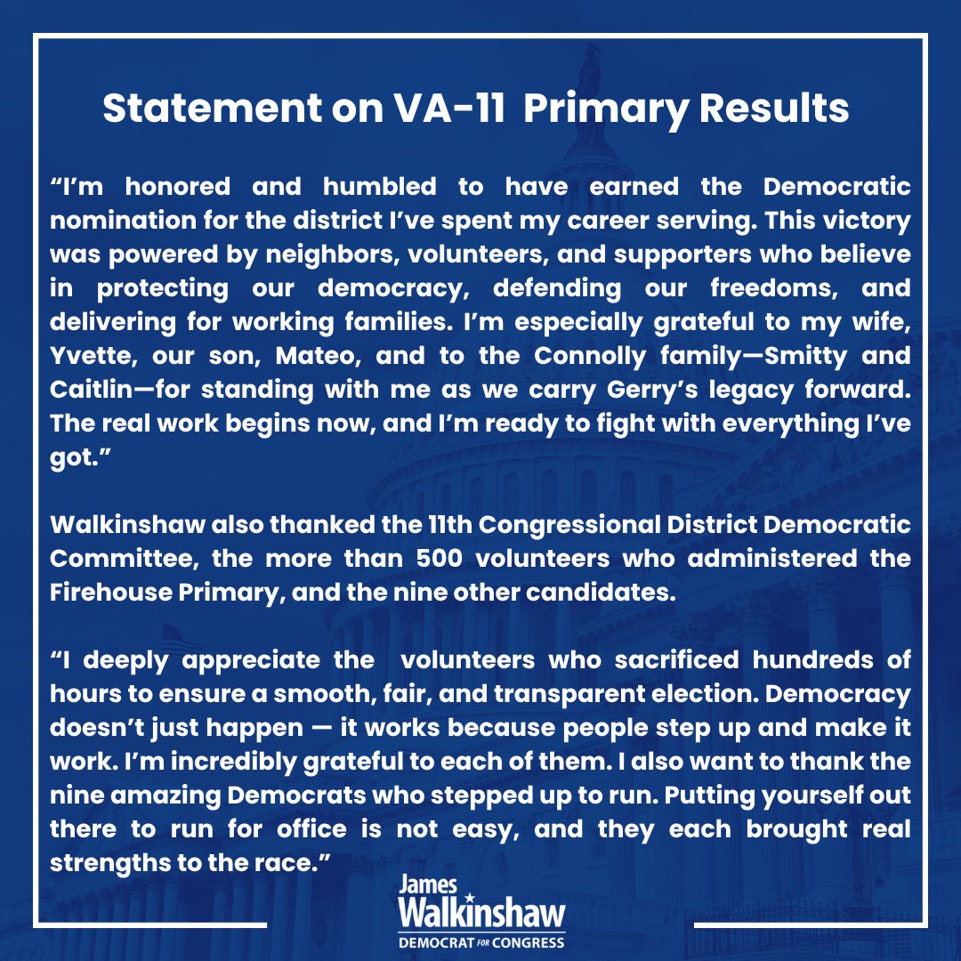 JamesWalkinshaw's tweet image. I’m honored & humbled to have earned the Democratic nomination for the district I’ve spent my career serving. This victory was powered by neighbors, volunteers, and supporters who believe in protecting our democracy, defending our freedoms, and delivering for working families. ⬇️