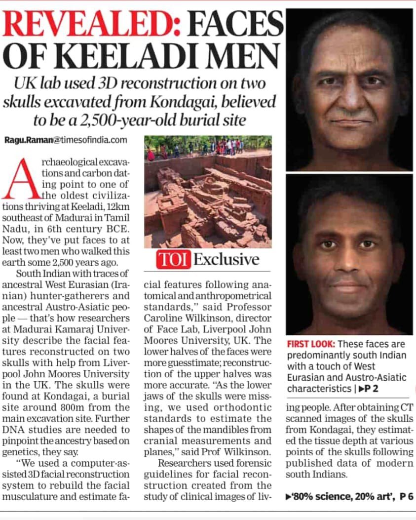 omjasvinMD's tweet photo. Faces of Keeladi men revealed, UK lab uses 3D reconstruction of two skulls excavated from Kondagai, a 2500 year old burial site. (1/2). TOI special by @raguramanTOI . https://t.co/PAuqg2UuRk