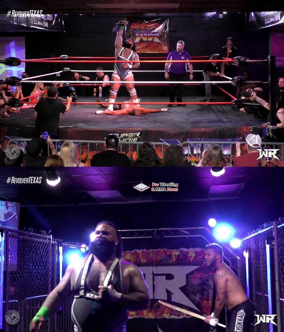 PWMMANews's tweet photo. Brick Savage defeats JD Griffey to become the inaugural Wrestling Revolver Texas Champion. Griffey attacked Savage before the bell, but Savage got payback. #RevolverTEXAS https://t.co/8XZuGeuqU8