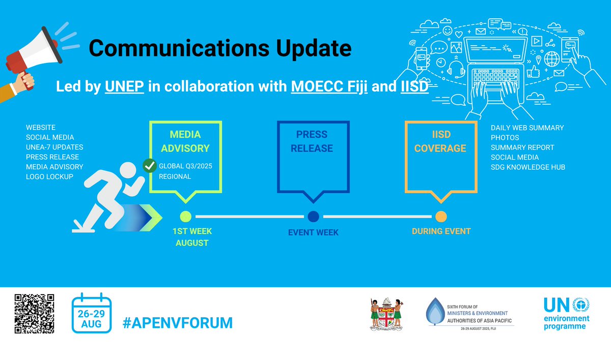 UNEP_AsiaPac's tweet image. 📢 Media friends, stay tuned!
The 6th #APENVFORUM is happening from 26–29 August in Nadi, Fiji 🇫🇯
🌏 Asia-Pacific leaders unite to shape a resilient, sustainable future ahead of #UNEA7.
Stay tuned!
🔗unep.org/events/confere…
@moefcc @IISD_ENB