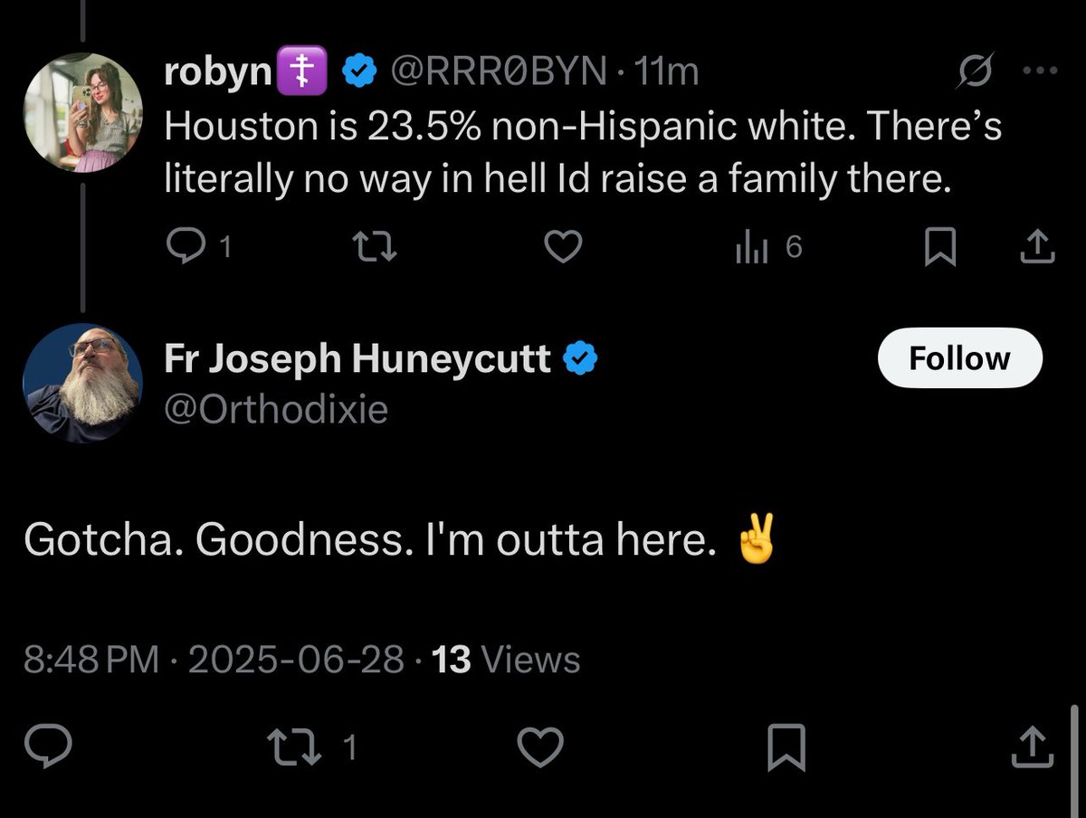 He blocked me after this interaction lol 

No other race of people gets treated like they’re doing something wrong for speaking openly about their desire to live amongst their own people other than ethnic Europeans. I’ll never apologize for it or be made to feel like I’m being