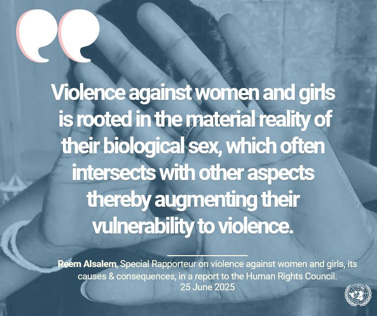 United Nations Geneva (@ungeneva) on Twitter photo UN independant expert <a href="/UNSRVAW/">Reem Alsalem UNSR Violence Against Women and Girls</a> calls for reaffirming importance of sex in description of violence against women & girls. #HRC59
"The erasure of sex as a distinct vector of analysis within law and policy obscures the unique vulnerabilities of females."
buff.ly/QJ3pyv3 UN independant expert <a href="/UNSRVAW/">Reem Alsalem UNSR Violence Against Women and Girls</a> calls for reaffirming importance of sex in description of violence against women & girls. #HRC59
"The erasure of sex as a distinct vector of analysis within law and policy obscures the unique vulnerabilities of females."
buff.ly/QJ3pyv3