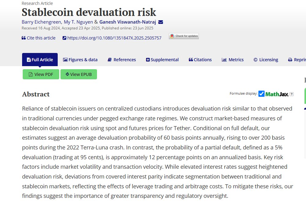 Barry Eichengreen (@b_eichengreen) on Twitter photo Stablecoin devaluation risk: tandfonline.com/doi/full/10.10… Stablecoin devaluation risk: tandfonline.com/doi/full/10.10…