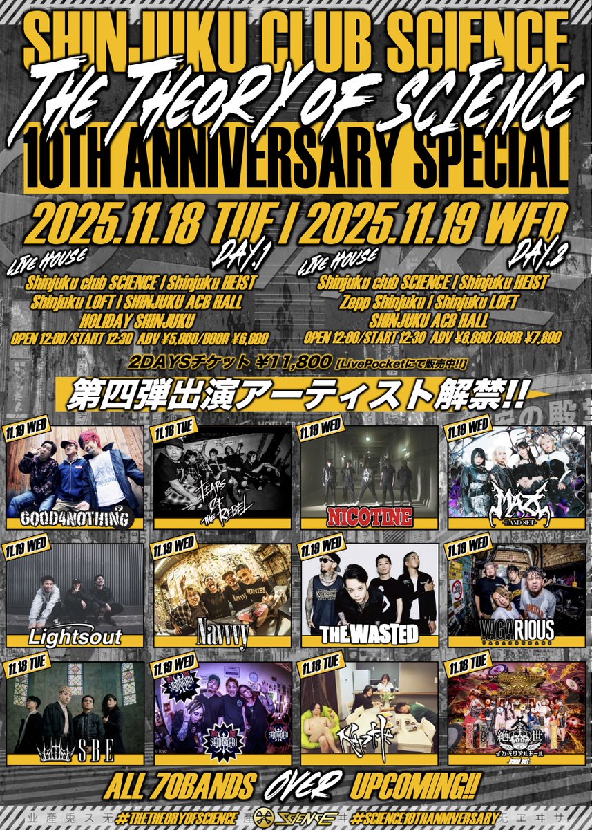 【🔥チケット発売中🔥】

Shinjuku club SCIENCE 10th Anniversary
第四弾まで公開中‼️

🎫
11.18(TUE)
t.livepocket.jp/e/npe57
11.19(WED)

t.livepocket.jp/e/ezuda
2日間通し券

t.livepocket.jp/e/u5z23
Zepp Shinjukuのみ開場時にAチケット(二日通し券)番号順→Bチケット(一日券)番号順の入場