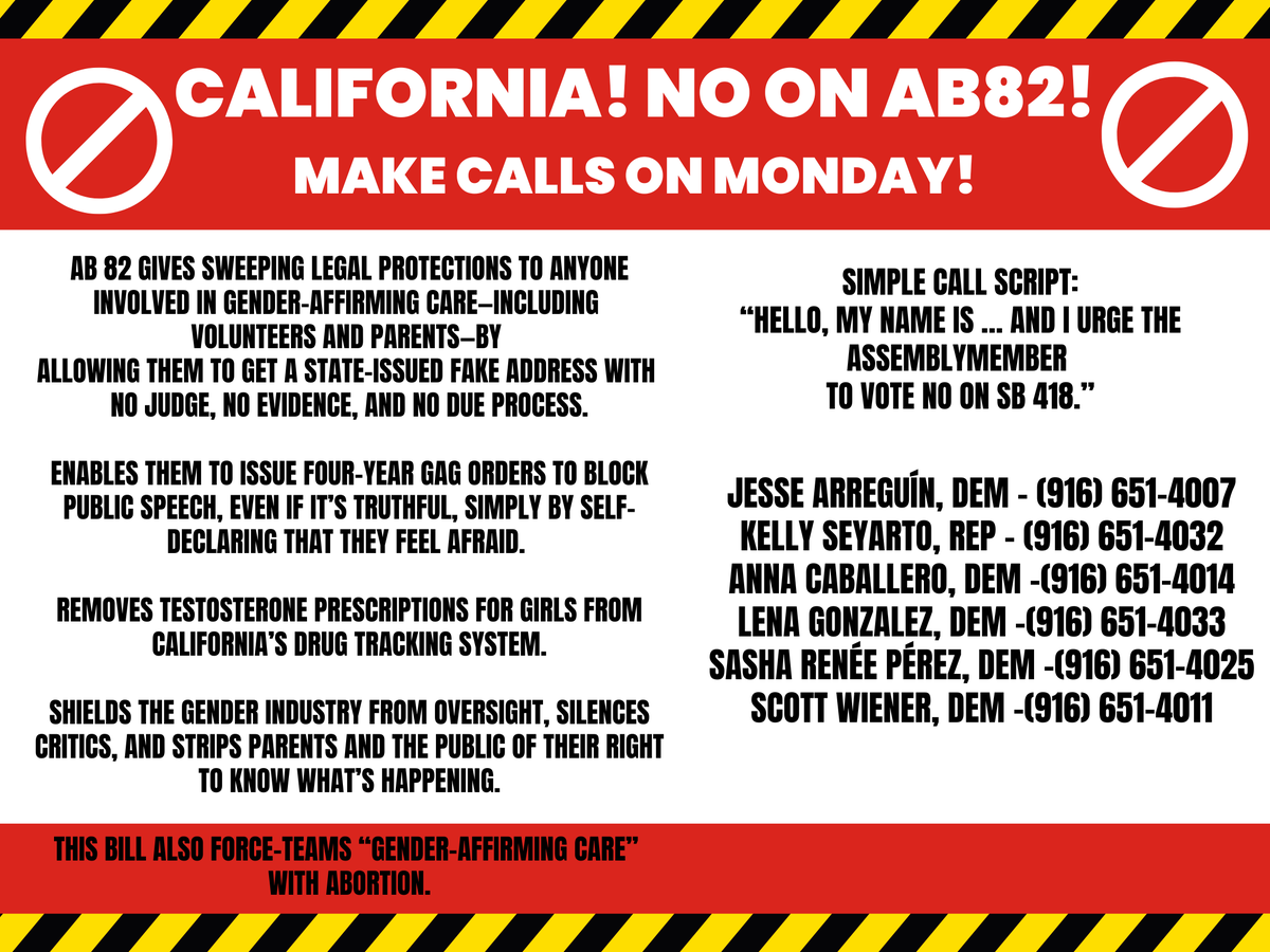 LA_TERF_CENTRAL's tweet photo. 🚨 URGENT CALIFORNIA! ANOTHER CALL TO MAKE ON MONDAY! NO ON #AB82!! https://t.co/gKXPsKnW1L