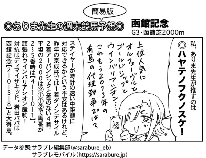 ありま先生の競馬予想ローカル編です!
三場や東西で重賞あるとき片方だけ扱う場合は大体関東の重賞(今日で言えば福島のラジオNIKKEI賞)をチョイスするもんなんですが、今週はハヤテノフクノスケ推したいから函館記念を。あと上位人気の父がとっても2013有馬。 