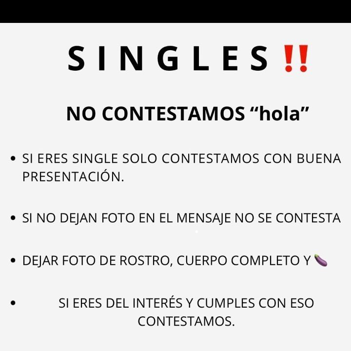 No respondemos tampoco a perfiles sin contenido propio, sobre todo de singles 
Si no tienen contenido, no envíen un "hola"
Envíen propuesta, foto de cuerpo completo incluyendo el rostro 
Y presentacion