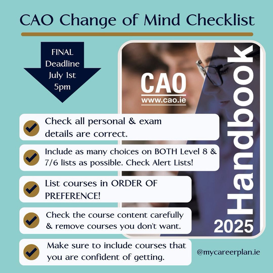 ‼️ Last reminder about the FINAL #cao Change of Mind deadline on this Tuesday, July 1st at 5pm!
⚠️ You cannot make changes after this deadline so make sure all your details are correct &amp; that you have listed your course choices in genuine ORDER OF PREFERENCE! 
#leavingcert2025