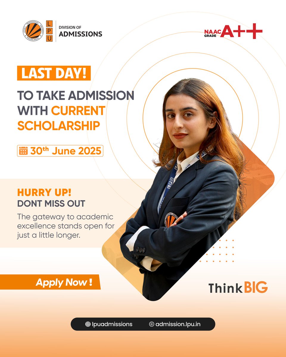 LPUMechanical's tweet image. 30th June 2025 is the LAST DAY to secure your admission to LPU with the current scholarship.
Join the School of Mechanical Engineering and be part of a journey that blends innovation, design, and industry-ready skills! 🔧🚀

👉 Apply Now and Think BIG!
#LPUSME #Admissions2025