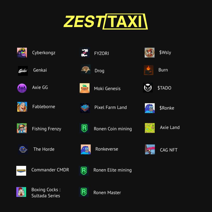The following <a href="/Ronin_Network/">Ronin</a>  communities have been awarded GTD &amp; FCFS mint spots for the Zest Basic Taxi mint!

🧾 Check if your project made the list 
Then head over to the link below to confirm your eligibility:

🔗 opensea.io/collection/zes…

If you’re in — congrats. Your taxi