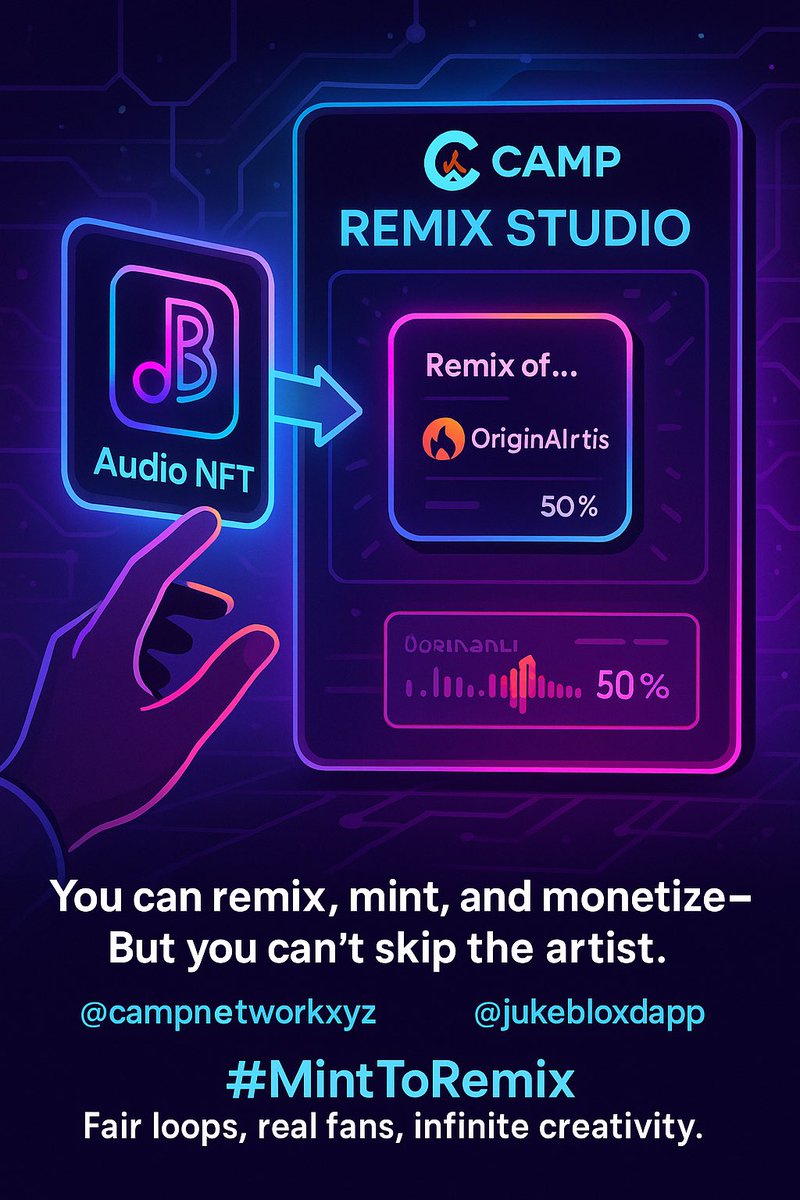 Remix &amp; Train with Camp
<a href="/campnetworkxyz/">Camp Network ⛺️</a> unlocks that minted music:
 • Users &amp; AI agents can remix it
 • Developers can train AI on it
 • All usage is tracked + royalty-split with the original artist

Camp = Remix Engine + Royalty Router