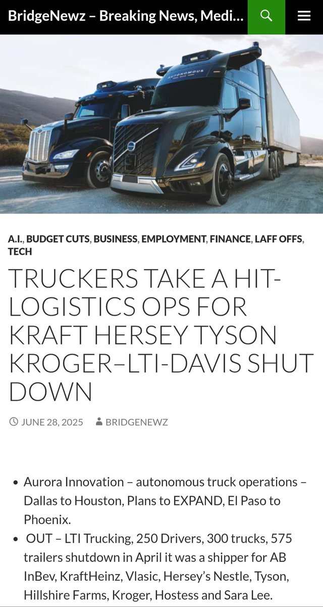 BridgeNewzCom's tweet photo. Truckers Take a Hit-Logistics Ops for Kraft Hersey Tyson Kroger–LTI-Davis Shut Down

READ:
https://t.co/bnRCpYlYKU

 #bridgenewzcom #bridgenewz #breakingnews #breaking #news #facts #ai #revenue 
#loss #jobs #jobsloss #aimodel #artificialintellig https://t.co/v3Fe0wBJFR