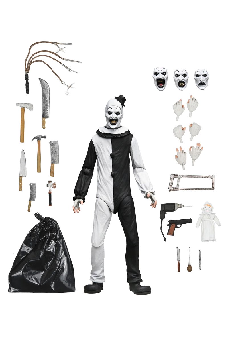 A look at <a href="/NECA_TOYS/">NECA</a>'s Art the Clown 7-inch scale action figure, which includes "interchangeable expressions and hands, and an unsettling arsenal of weapons and accessories."

More horror stuff: tinyurl.com/v5648xtr #FantasticPavilion