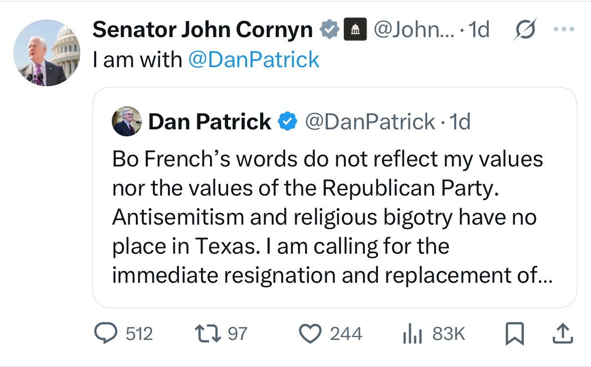 JosephLTrahan's tweet photo. If @DanPatrick @GregAbbott_TX & @JohnCornyn are united on something, you can bet it is NOT in the best interest of Texas and Texans.

It's like they are singing "shoplifters of the world, unite and take over" or something...and not in a cool 80's new wave way.

In a literal, dirty dogs of the universe globalist way.