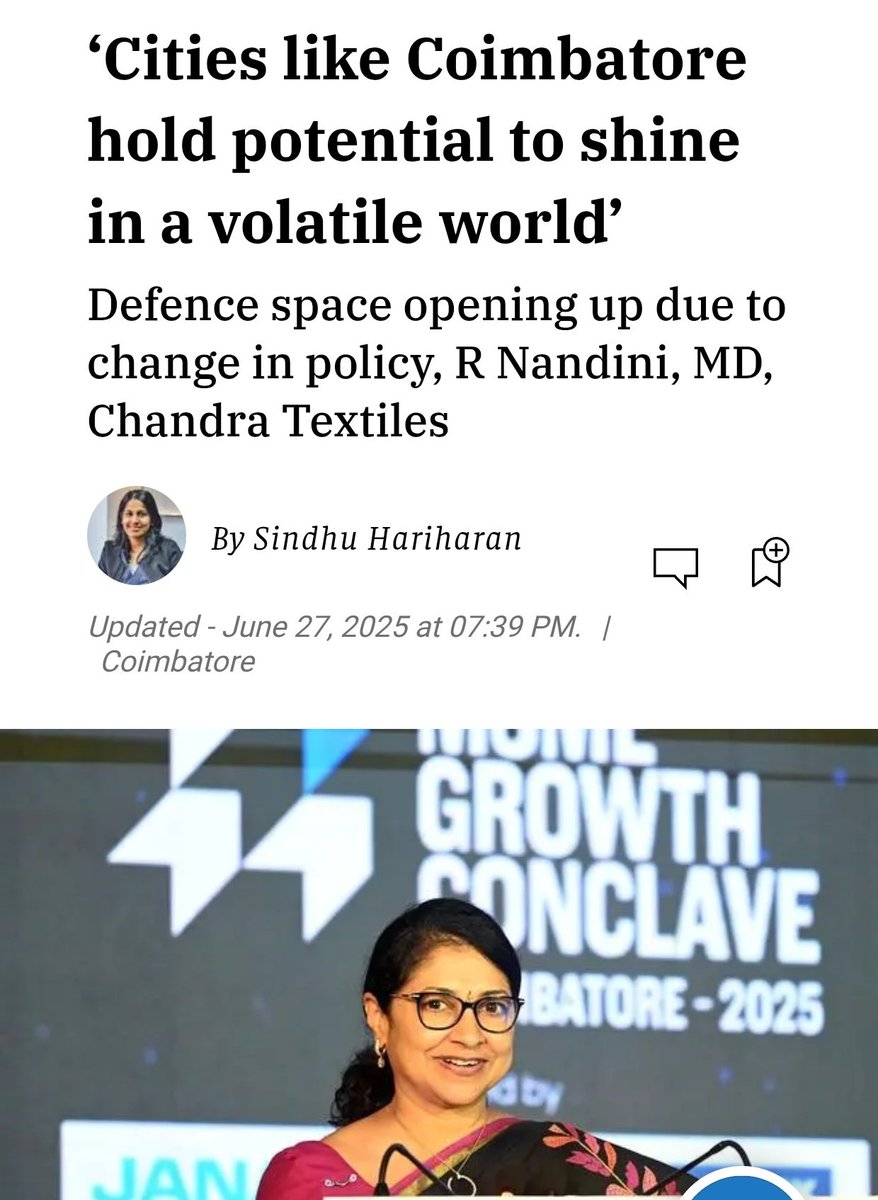 tweetKishorec's tweet photo. Cities like Coimbatore hold potential to shine in a volatile world 

Defence space opening up due to change in policy - Nandini, Managing Director, Chandra Textiles. https://t.co/BZApBVnhOx