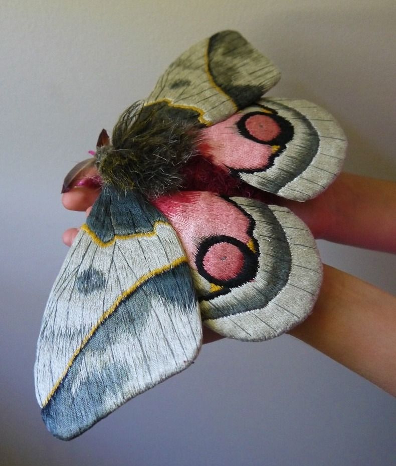 Yumi Okita, known for her fabric, embroidery thread, fake fur, wire, and feather sculptures of butterflies and moths #WomensArt