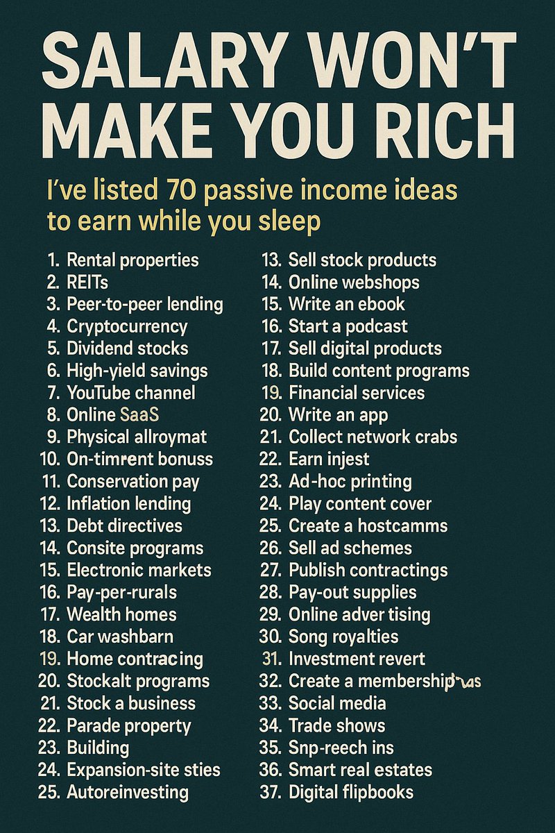 Salary won't make you rich.

I've listed 70 passive income ideas to earn while you sleep.

∞For (Ist 500 people only).

All you need is:

- Smartphone/PC
- Internet
- 2-4 hours a day

To get it just:

1. Like &amp; repost
2. Comment “ FREE ”
3. Follow me  (so I can DM).