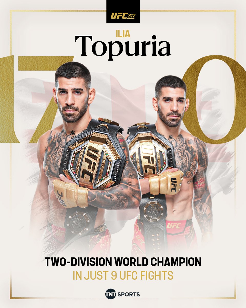 In just 9 UFC fights, Ilia Topuria has already become Champion at both featherweight and lightweight and remains undefeated! 🔥🌹🏆

#UFC317 | LIVE on TNT Sports &amp; discovery+