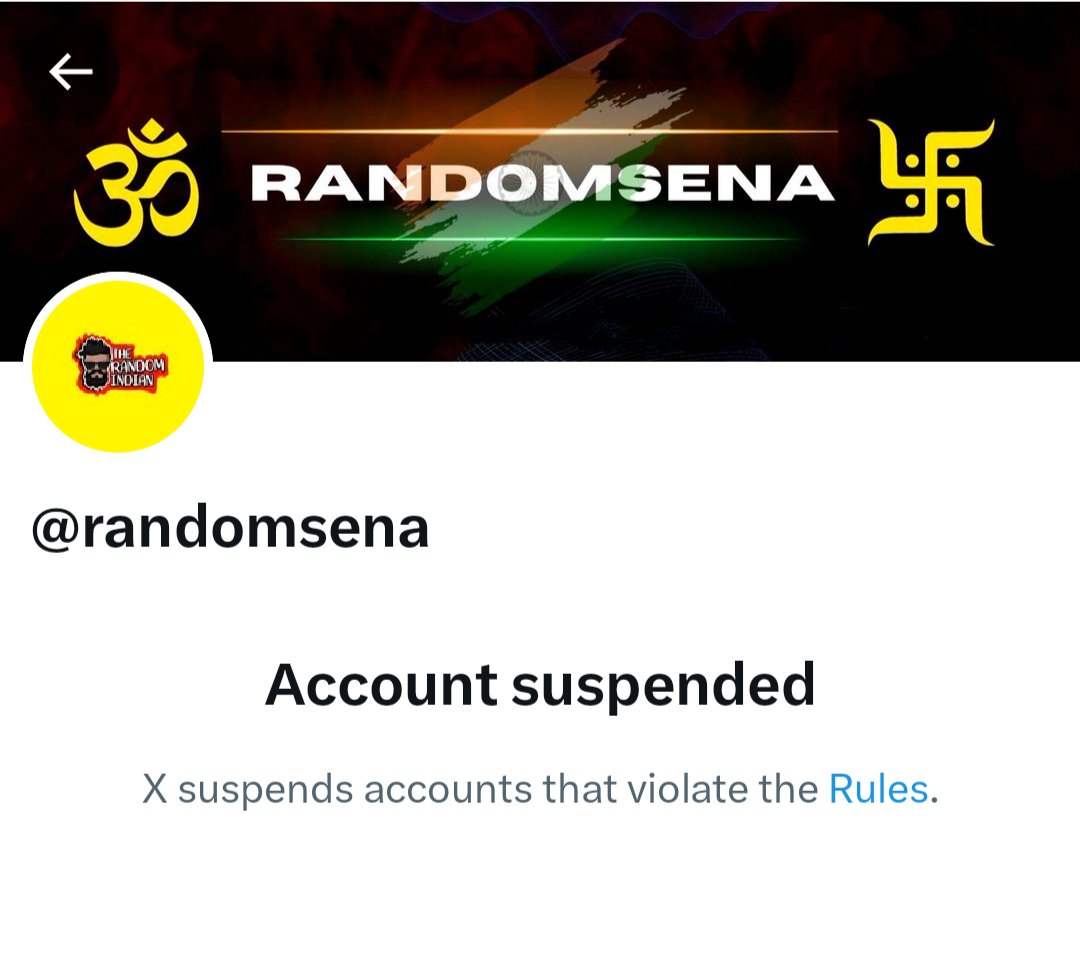 This is shameful behaviour of X . 
<a href="/AmyMek/">Amy Mek</a> Kindly raise voice.
@RandomSena wasn’t just a handle he was a voice, a hope, a fearless representative of millions of proud Hindus.
Suspending him is not just unfair, it's heartbreaking.
We demand justice.
#RestoreRandomSena #HinduVoice