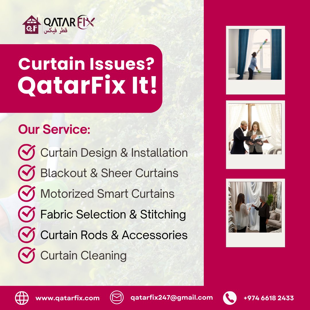 qatarfix's tweet photo. Curtain Issues? QatarFix It! ✨ We design, install, and even clean your curtains. From classic to smart, we do it all!

DM us or visit www.qatarfix.comCall: +974 6618 2433
#QatarFix #CurtainExperts #HomeImprovement #Qatar https://t.co/p6ifVRsQH3