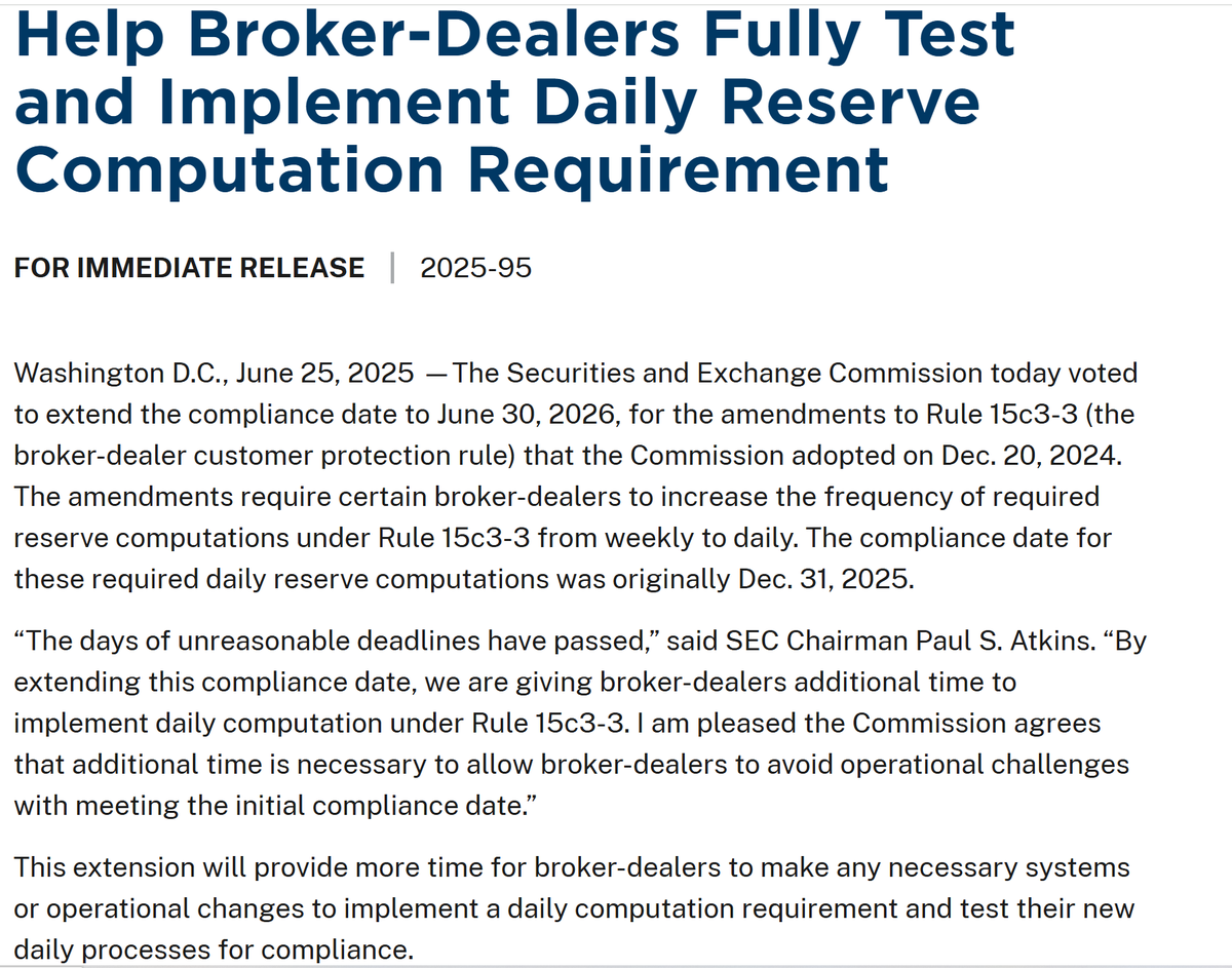 anna_trades's tweet photo. The SEC just gave Wall Street another year to hide synthetic shares.

Rule 15c3-3, which requires daily reserve calculations to protect customer funds, was supposed to go into effect December 31, 2025. Now it’s delayed to June 30, 2026.

SEC Chair Paul S. Atkins says: “The days of unreasonable deadlines have passed. By extending this compliance date, we are giving broker-dealers additional time to implement daily computation under Rule 15c3-3.”

Let's be clear: You just gave the criminals more time to hide the fraud, loot Main Street, and crush more American companies.

$DJT $TSLA $QNTM $MMAT $MMTLP $FNGR $GTII $GNS $GME $AMC etc....

@PaulAtkinsETH  is worse than Gary Gensler.

This isn’t regulation.
It’s regulatory collusion in broad daylight.

@FBIDDBongino @FBIDirectorKash @POTUS @kshaughnessy2 @denniskneale @AGPamBondi