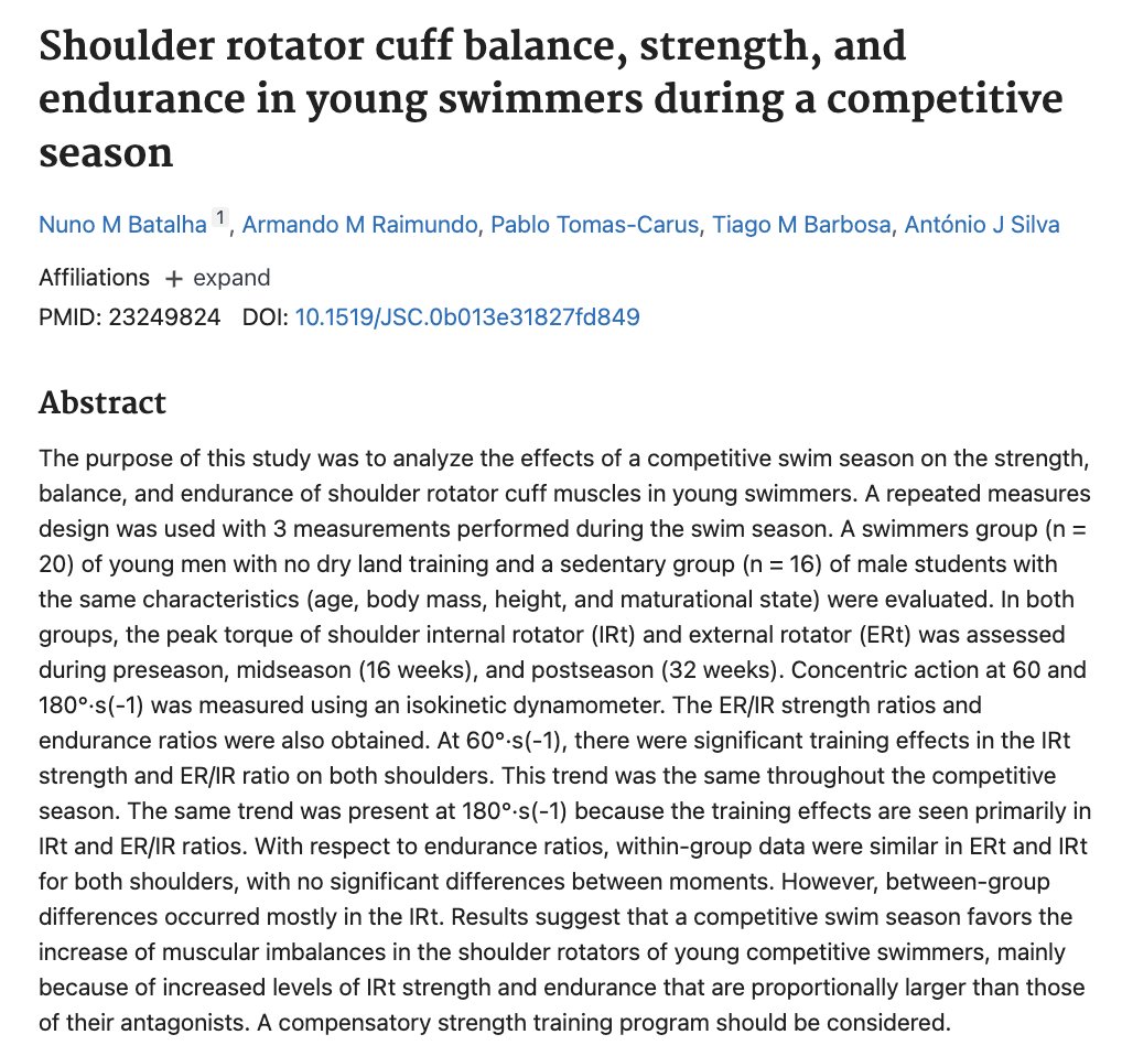 Physiohub101's tweet photo. 🏊‍♀️ Shoulder pain during swimming?
Weak rotator cuff muscles might be to blame.

📊 A study by Batalha in 2013 found that young competitive swimmers often develop rotator cuff muscle imbalances during the season.

⚠️ These imbalances can lead to shoulder pain, impingement syndrome, and even long-term dysfunction.

💪 To prevent injury, incorporate external rotation exercises and scapular strengthening drills into your routine.

🌊 Strengthening these muscles will improve shoulder stability and keep you pain-free in the water.

Image courtesy of Muscle and Motion (@muscleandmotion)