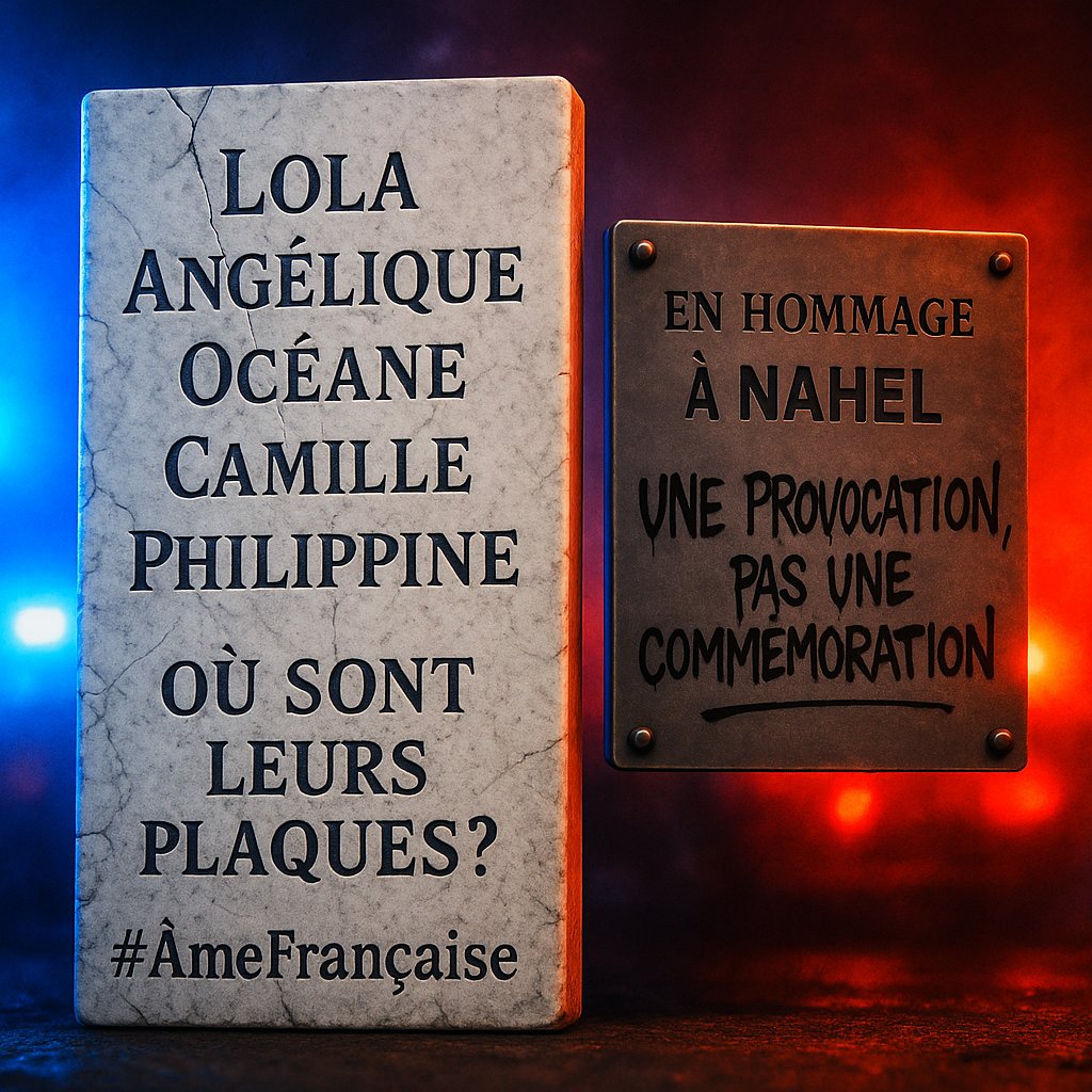 AmeFrancaiseFR's tweet photo. 🇨🇵 Lola. Angélique. Océane. Camille. Philippine.
Des enfants tués. Oubliés.

 Aucune plaque. Aucune stèle.

Mais pour Nahel, délinquant mort en fuyant la police ?
➡️ Une plaque "en hommage" !

📣 @BrunoRetailleau, saisissez le préfet !
🛑 Article L2131-6 CGCT :

"Le préfet peut saisir la justice pour interdire tout acte municipal illégal."

Cette plaque est une provocation, pas une commémoration.
📢 L’État PEUT et DOIT l’interdire.