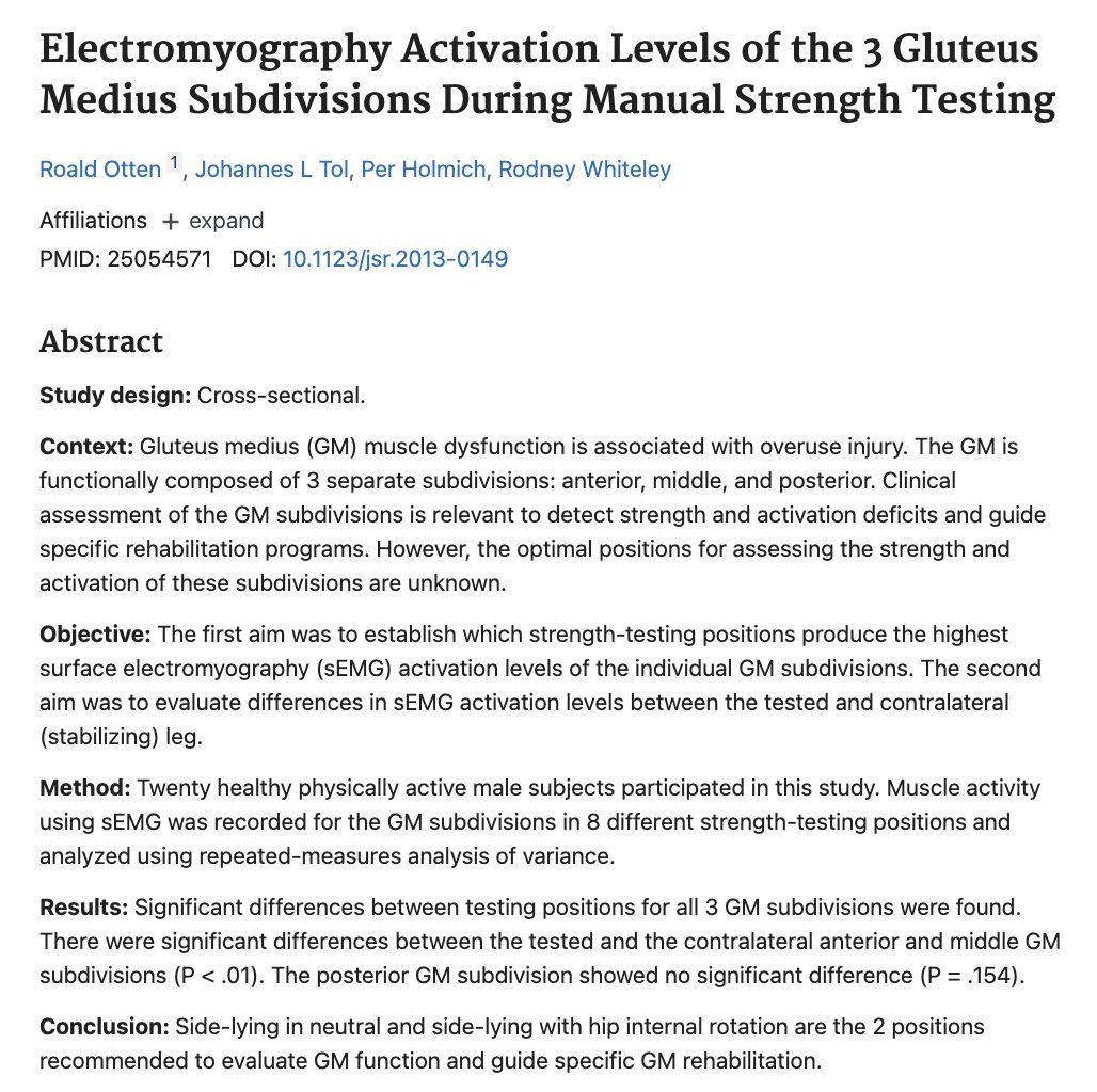 Physiohub101's tweet photo. 🍑 Are monster walks your go-to for gluteus medius activation?
They don’t actually target all the muscle fibers!

🧠 The gluteus medius has three distinct portions—anterior, middle, and posterior—according to a study by Otten in 2015.

🔄 To fully activate the muscle, you need more than just lateral band walks.

➡️ Try incorporating internal rotation for the anterior fibers, abduction for the middle fibers, and external rotation for the posterior fibers.

🧩 A well-rounded approach ensures complete glute engagement and better hip stability!

Image courtesy of Muscle and Motion (@muscleandmotion)