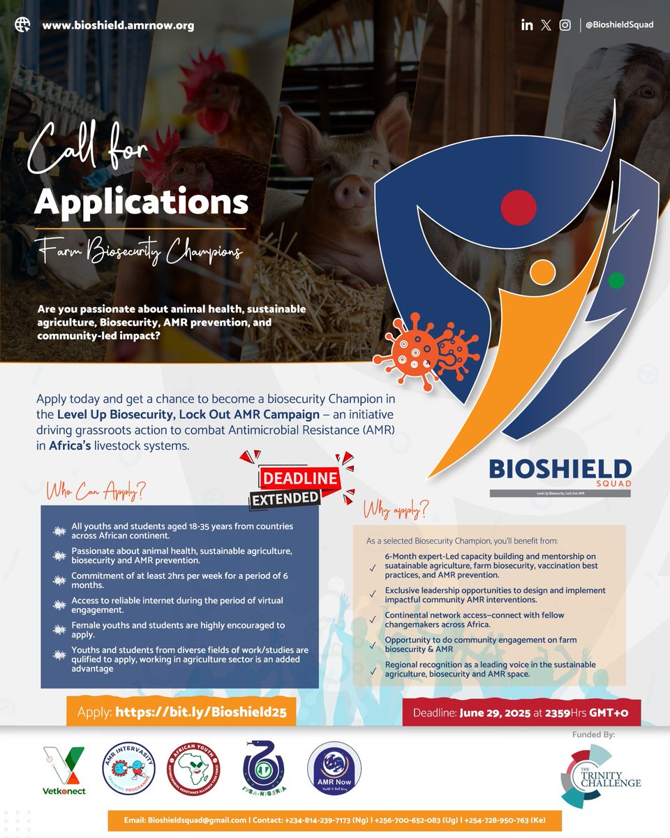 🚨 LAST CHANCE – DEADLINE TODAY! 

The Level Up Biosecurity, Lock Out AMR Campaign is closing TODAY, and we need YOU to step up as a Biosecurity Champion! 🌍💉🐄

⏰ Deadline: June 29, 2025 at 23:59 GMT+0
📩 Apply NOW 👉 bit.ly/Bioshield25

 #BiosecurityChampions #AMRNow