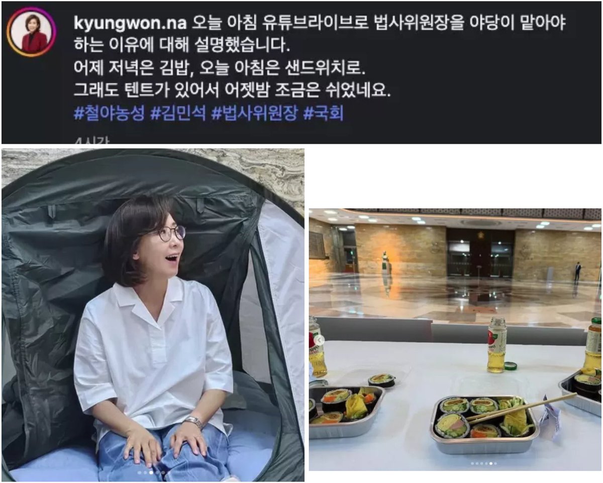 rchitct's tweet image. 단식 투쟁이나 엄동설한에서 혹은 땡볕에 벌레들이랑 싸워가며 천막 아래 옹기종기 앉아서 하는 투쟁은 봤어도 
무더운 날 에어컨 바람 쐬며 보안과 샤워실 다 갖춘 실내에서 각자 개인 텐트에 토퍼 알차게 깔고 매 끼니 챙겨먹으며 인증샷 남기는 투쟁은 처음 봄,,, 고생하는 척이라도 하던가😒