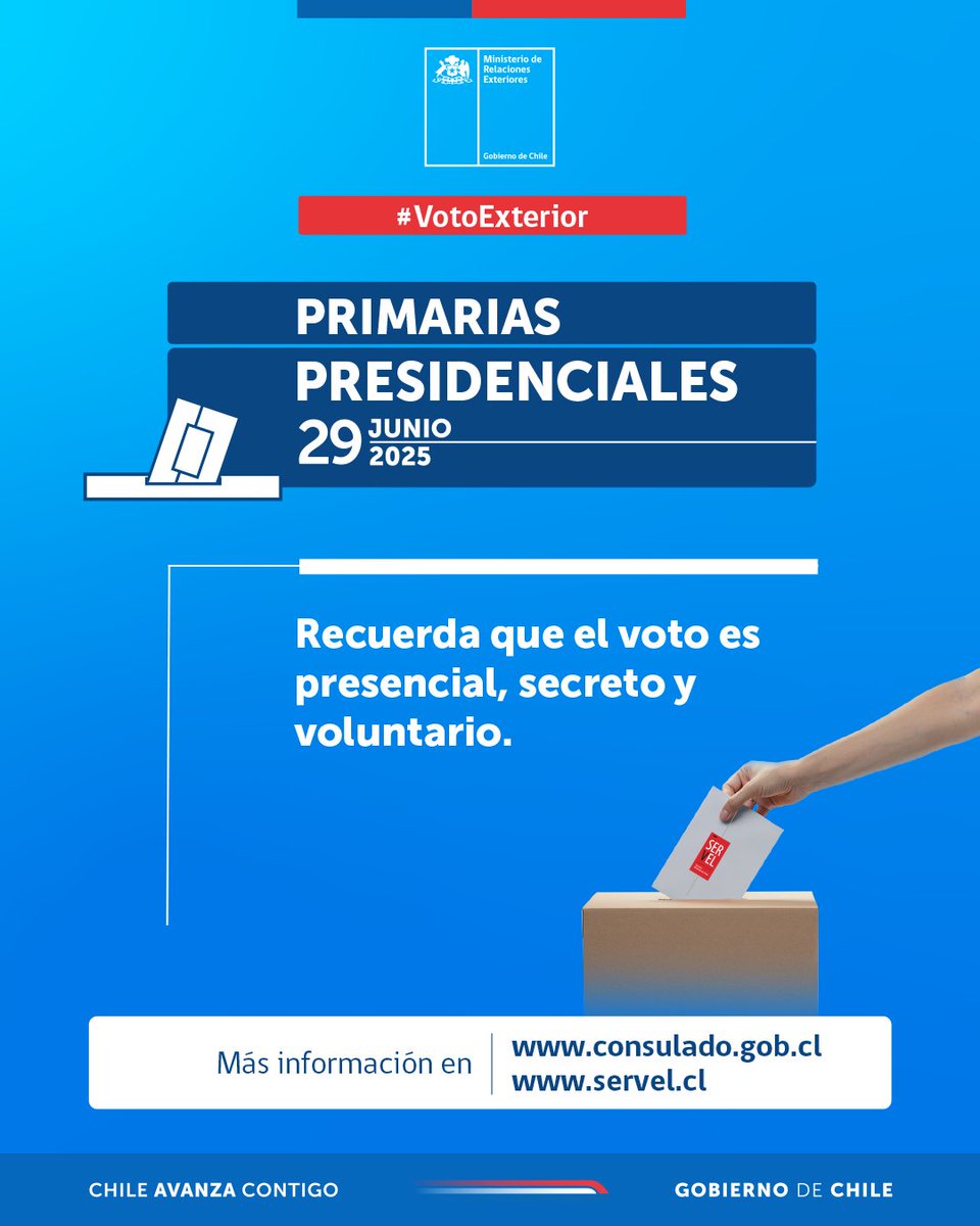 🗳️ #VotoExterior | RECUERDA: El 29 de junio son las Primarias Presidenciales en Chile y en el extranjero.
Encuentra más información 👉 bit.ly/44dpn8O