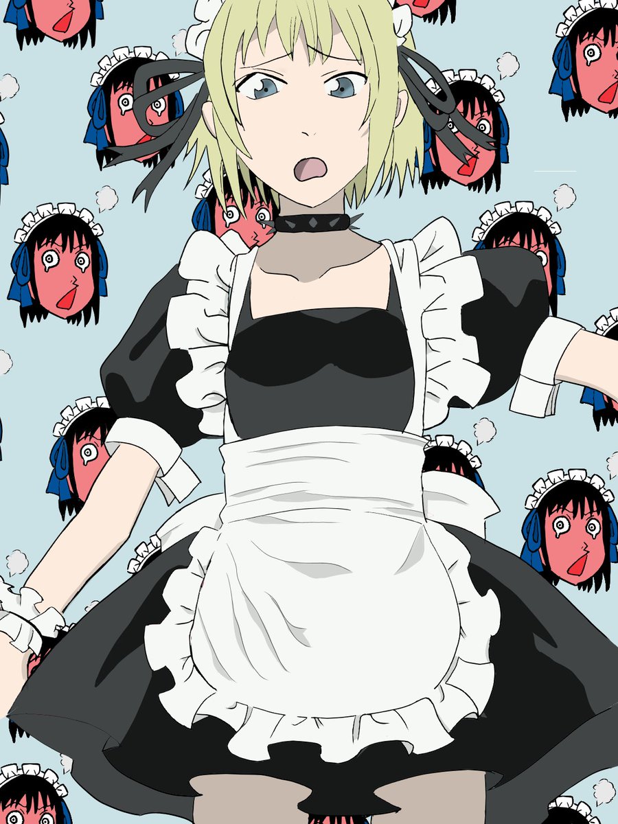 nana_hachi_7878's tweet image. 紺先輩メイド衣装（バンド衣装）verの”模写”に色塗りました！背景は、ちょうちんふぐ（歩鳥）柄に変更しました！何気に歩鳥も手描きなんです…笑 
#模写イラスト 
#それでも町は廻っている
 #紺双葉
 #メイド服