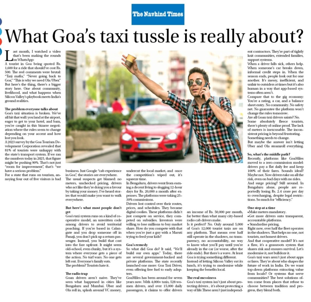 nagueshrao's tweet photo. Perfect. 
Thoughts that resonate with mine.
Had jotted down similar views and analysis in my diary.
@prajyotm on @Navhind_Times
'What Goa's Taxi Tussle Is Really About?
 Sunday: 29 June 2025/Panorama/Page: 2. https://t.co/qnjQeNmU5s