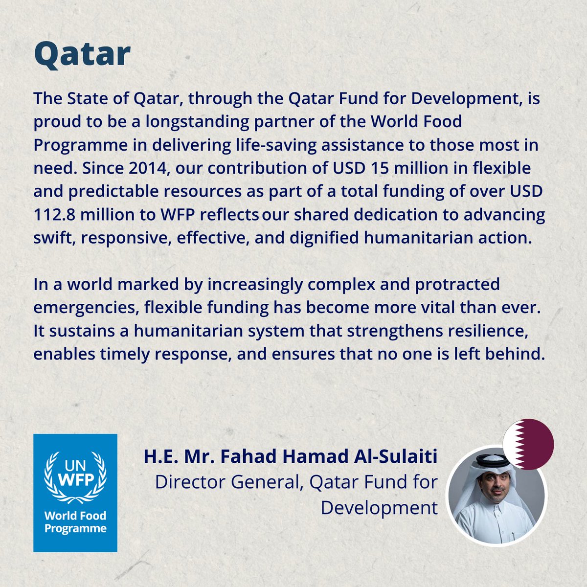 🇶🇦 WFP GCC extends heartfelt thanks to the State of #Qatar for its generous annual flexible contributions. This vital support enables us to save lives in the nick of time and respond swiftly and effectively to hunger crises across the world. 

#ZeroHunger #Partnerships