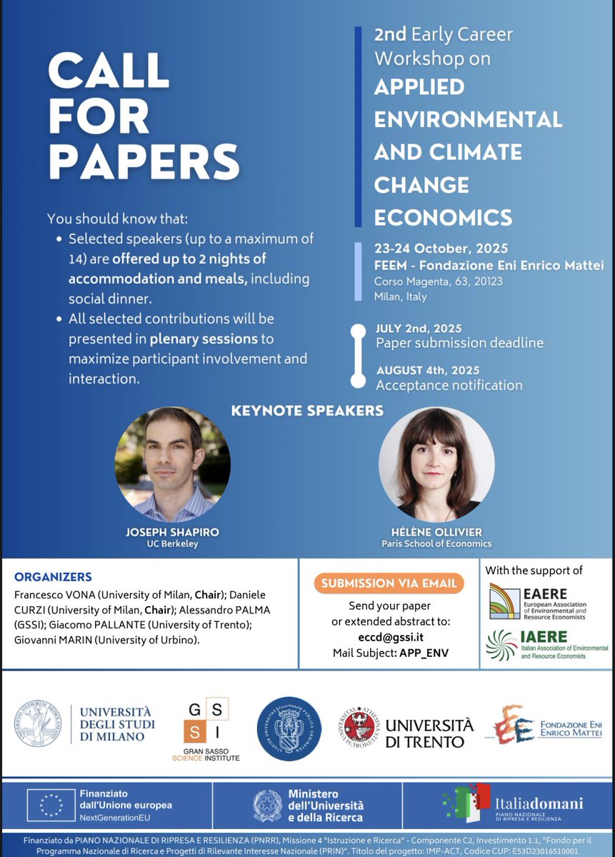 sandoralp's tweet image. 🚨 Deadline in 2 days! Submit your paper by July 2!
🌏Milan, Oct 23–24, keynotes Joseph Shapiro & Ellen Olivier
🛏️ Accommodation, meals & social dinner provided
📩 Submit via email to eccd@gssi.it (subject: APP_ENV)
#EconTwitter