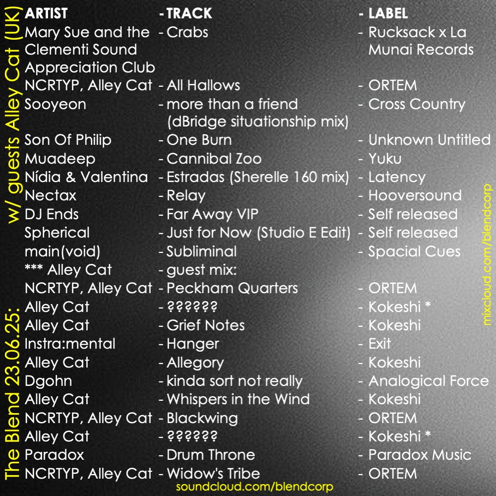 blendcorp's tweet image. The Blend trax on PBS 106.7FM:

Guest @alley_cat_dj

+ new sooyeon (dBridge rmx), Son Of Philip, Muadeep, Nídia &amp;amp; Valentina (Sherelle rmx), Nectax, DJ Ends, Spherical, main(void), Eusebeia, Kate Miller, Dead Man&apos;s Chest, Response &amp;amp; Sourpuss

Listen back:
soundcloud.com/blendcorp/the-…