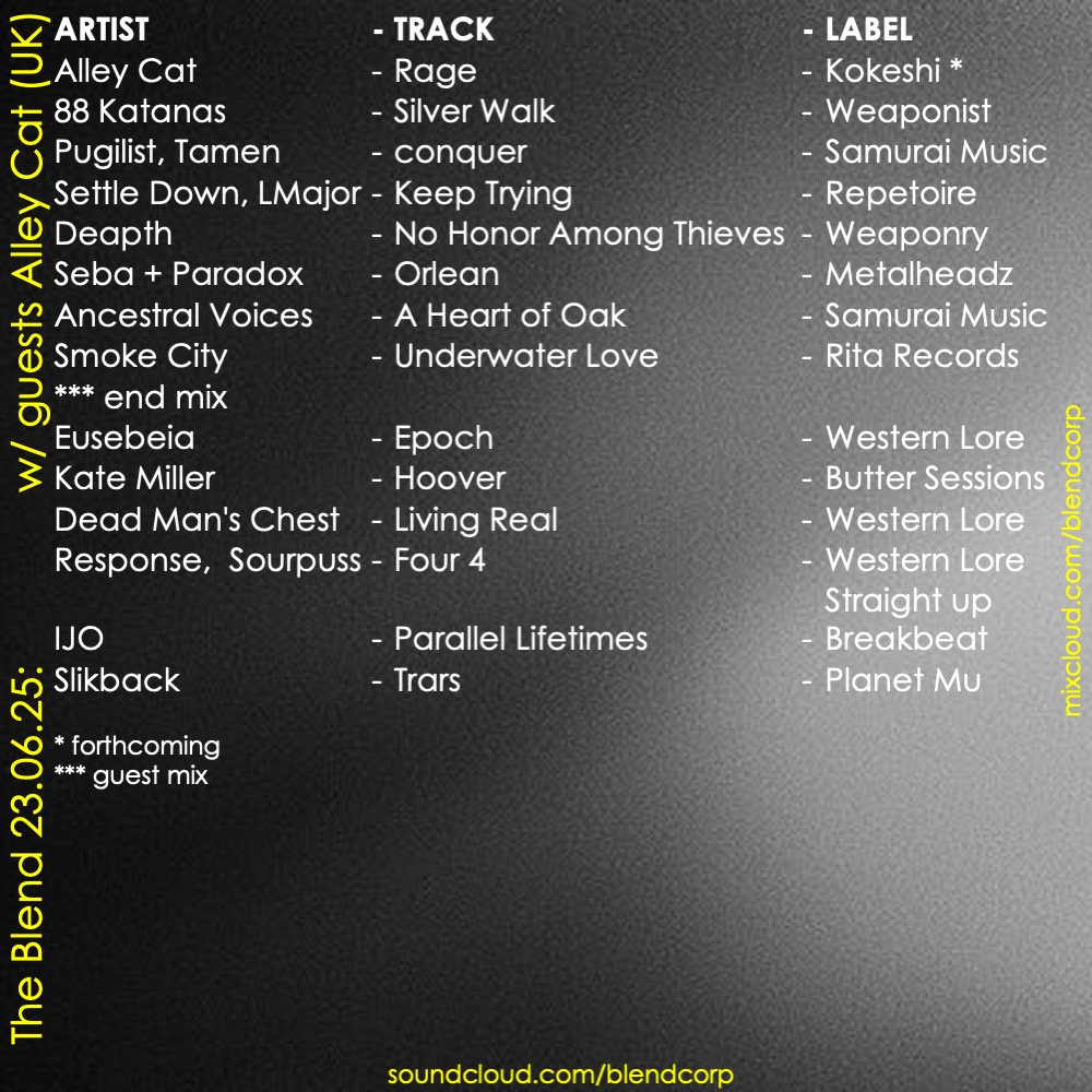 blendcorp's tweet image. The Blend trax on PBS 106.7FM:

Guest @alley_cat_dj

+ new sooyeon (dBridge rmx), Son Of Philip, Muadeep, Nídia &amp;amp; Valentina (Sherelle rmx), Nectax, DJ Ends, Spherical, main(void), Eusebeia, Kate Miller, Dead Man&apos;s Chest, Response &amp;amp; Sourpuss

Listen back:
soundcloud.com/blendcorp/the-…