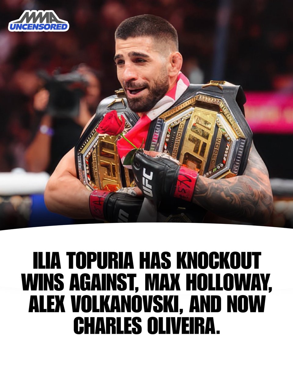 MMAUNCENSORED1's tweet photo. Ilia Topuria has KO wins over Max Holloway, Alex Volkanovski, and now Charles Oliveira. 

Is he the face of the UFC? 

#UFC317 #IliaTopuria https://t.co/3hYu158cK3