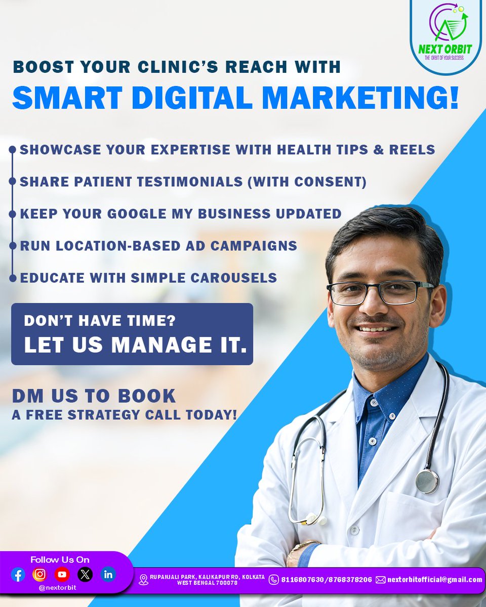 NextOrbit2024's tweet photo. Boost your 𝐜𝐥𝐢𝐧𝐢𝐜’𝐬 𝐫𝐞𝐚𝐜𝐡  with smart 𝐝𝐢𝐠𝐢𝐭𝐚𝐥 𝐦𝐚𝐫𝐤𝐞𝐭𝐢𝐧𝐠!  We handle everything—so you can focus on healing.

𝐂𝐨𝐧𝐭𝐚𝐜𝐭 𝐔𝐬: 8116807630 / 8768378206

#NextOrbit #ClinicMarketing #DigitalForDoctors #GrowYourPractice #HealthcareMarketing https://t.co/aFkyndHbMV