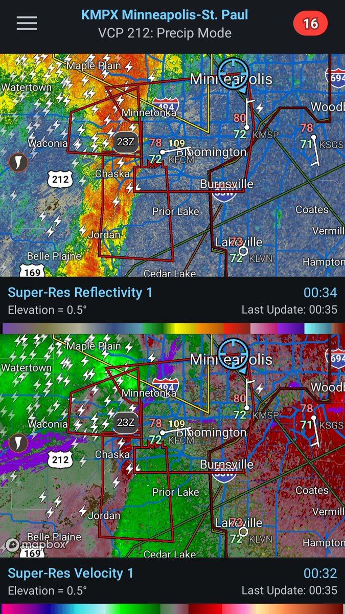 ColdCoreCowboy's tweet image. N-S oriented squall line approaching MSP has absorbed an outflow boundary from the W-E segment of storms north of the metro.
42 kts of largely line-normal 0-3km shear.
Already multiple radar-confirmed tornadoes near Waconia-Chanhassen.
Sirens are blaring in downtown. #mnwx